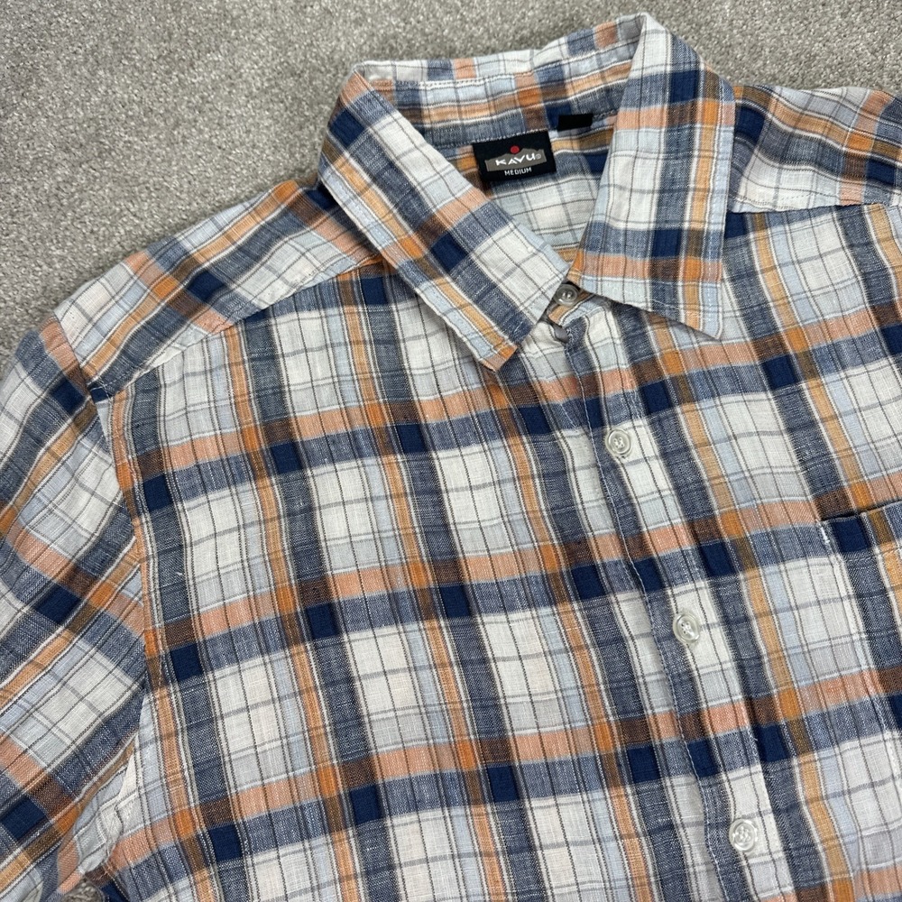Kavu Shirt Mens Medium Blue White Yellow Plaid Linen Button Up Short Sleeve Camp